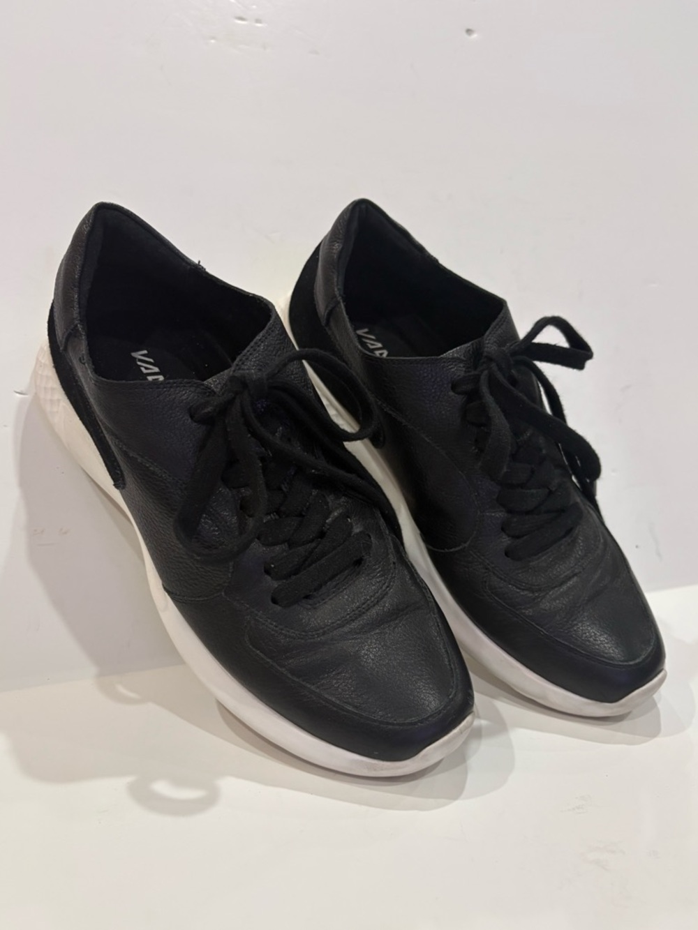 Vaneli Sport Black Leather and Suede Lace-Up Sneakers with White Sole